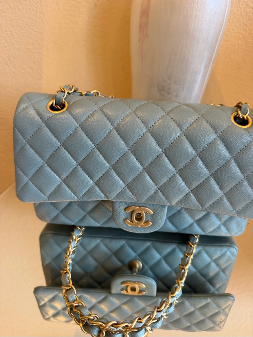 CHANEL Quilted Flap Shoulder Bag in Light Blue with Gold Hardware